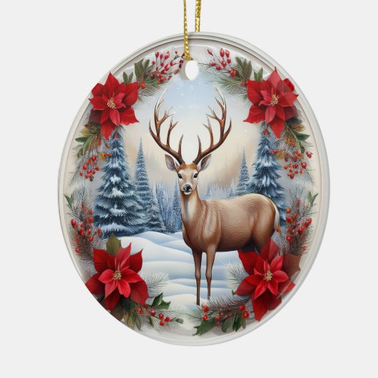 Décoration En Céramique Rennes uniques, Scène Hiver Poinsettias, 🦌 cerfs (Gauche)