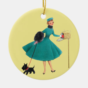 Décoration En Céramique Rétro femme des années 1950 avec Noël de chien