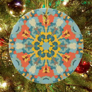 Décoration En Céramique Rétro Mandala bleu orange et jaune