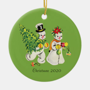 Décoration En Céramique Retro Snowcouple sur l'Arrière - plan vert