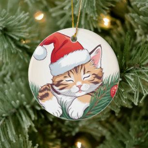 Décoration En Céramique Rêves de Noël - Chatons couchés à Santa Hat