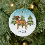 Décoration En Céramique Rhodesian Ridgeback Avec Nom Snowy Winter Forest<br><div class="desc">L'illustration originale de Destei d'un mignon chien de race Rhodesian Ridgeback. Le chien est placé dans une scène hivernale avec trois sapins verts et la chute de neige. L'arrière - plan est un dégradé bleu à blanc qui donne un aspect froid d'hiver. Il y a aussi une zone de texte...</div>
