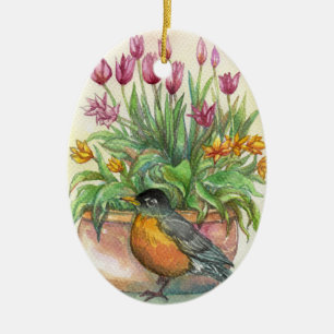 Décoration En Céramique Robin et Tulipes