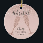 Décoration En Céramique Rose Gold Blush 50th Birthday with Date of Birth<br><div class="desc">Our unique 50th Birthday round ceramic ornament holiday gift features a feminine blush pink glitter ombre background with rose gold champagne glasses ready to toast the birthday honoree, whose name is written on the ornament in elegant script typography. Additional example text reads: "Cheers! To 50 Years" followed by the date...</div>