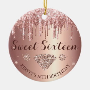 Décoration En Céramique Rose Gold Glitter Drip Diamond Sweet Sixteen se tr