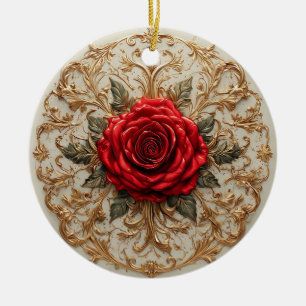 Décoration En Céramique Rose Rouge Élégante avec Motif Floral Orné en Or