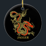Décoration En Céramique Rouge or noir Imaginaire chinois Dragon Noël<br><div class="desc">Un dragon chinois noir et féroce,  surligné d'or,  décore cet ornement de Noël. Les accents rouges mettent en évidence la mâchoire,  la tête et la colonne vertébrale du dragon. Votre nom est écrit en or gras ci-dessous.</div>