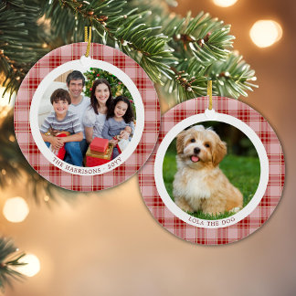 Décoration En Céramique Rouge Plaid Famille Noël 2 Photos Ornament