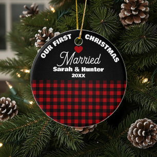 Décoration En Céramique Rouge rustique & Noir Plaid Notre 1er Noël Marié