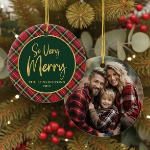 Décoration En Céramique Rouge Tartan Plaid Gold Script Noël