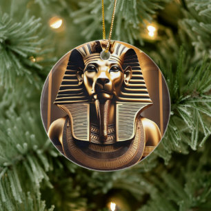 Décoration En Céramique **"Royal Rugissement : Le Lion Pharaon d'Or"**
