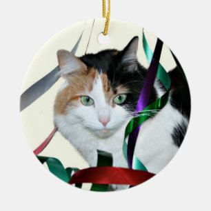 Décoration En Céramique Ruban de Noël de chat de calicot
