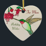 Décoration En Céramique Ruby Throated Hummingbird For Mom Birthday Wishes<br><div class="desc">Your mother will smile at the sight of this elegant ruby-throated humming and pink flower ornament. Created from my original watercolor painting, the botanical style design in simple and colourful. The cheerful shades of cream, ruby red, pink and cream send a special message of love for her birthday. Perfect for...</div>