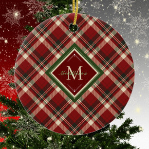 Décoration En Céramique Russe Famille de Noël Monogramme Rouge Vert Plaid