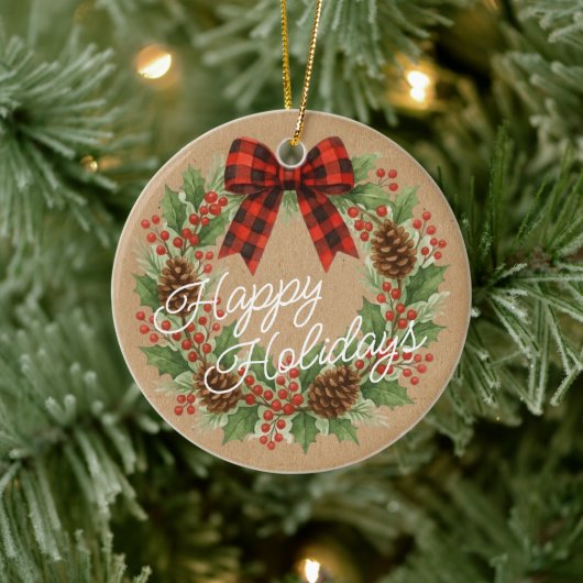 Décoration En Céramique Russe Holly Wreath Rouge Noir À damiers Bow (Arbre)