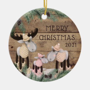 Décoration En Céramique Rustic Cute Deer Family Photo Wood Pine Ceramic Or