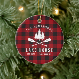Décoration En Céramique Rustic Family Lake maison Arbres Red Buffalo Plaid