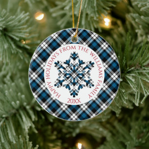 Décoration En Céramique Rustique flocons de neige à carreaux tartan bleu b