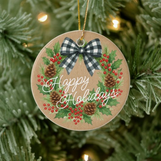 Décoration En Céramique Rustique Holly Wreath Blanc Noir À damiers Bow (Arbre)