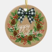 Décoration En Céramique Rustique Holly Wreath Blanc Noir À damiers Bow (Devant)