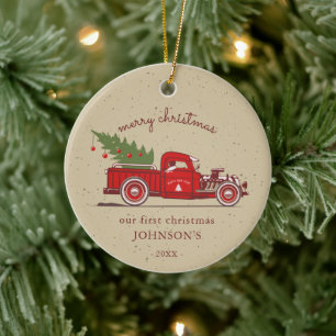 Décoration En Céramique Rustique Notre Premier Noël Camion Rouge Nom Photo