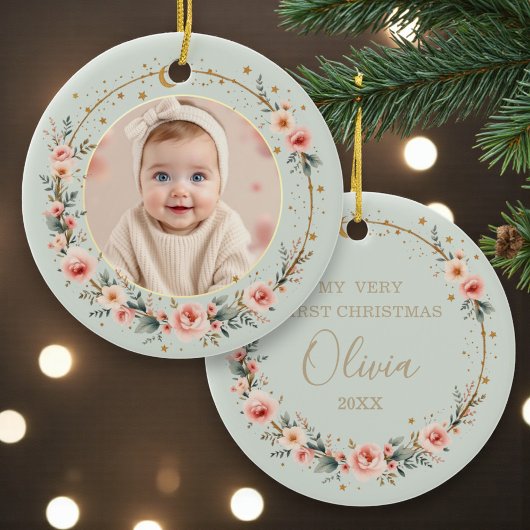 Décoration En Céramique Sage Green Celestial Baby First Christmas Photo