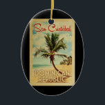 Décoration En Céramique San Cristobal Palm Tree Vintage voyage<br><div class="desc">Un imprimé d'art moderne San Cristobal République Dominicaine du milieu du siècle rétro dans un style d'affiche de voyage vintage. Il dispose d'un palmier incurvé sur une plage de sable avec l'océan sous un ciel bleu nuageux.</div>
