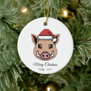 Décoration En Céramique Sanglier Pixel Art en Chapeau de Père Noël