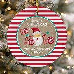 Décoration En Céramique Santa Claus Pepperment Noël personnalisé<br><div class="desc">Santa Claus Pepperment Ornement céramique de Noël personnalisé. Design du Père Noël mignon avec un arrière - plan rayé sucre de canne et des bonbons de menthe poivrée.</div>