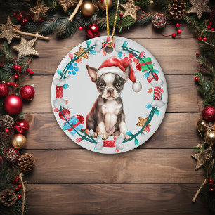 Décoration En Céramique Santa Hat Boston Terrier Puppy Bone Wreath