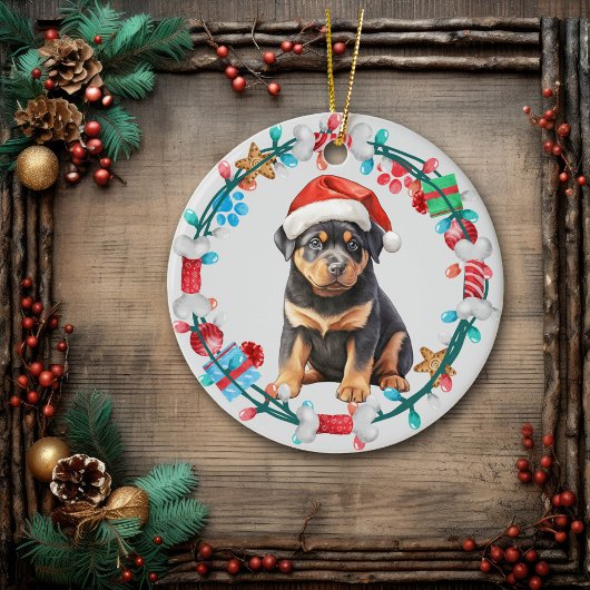 Décoration En Céramique Santa Hat Rottweiler Puppy Bone Wreath