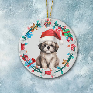 Décoration En Céramique Santa Hat Shih Tzu Puppy Bone Wreath