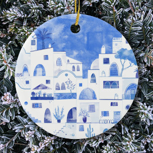 Décoration En Céramique Santorin Grèce Aquarelle Townscape