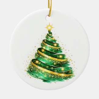 Décoration En Céramique Sapin de Noël Vert Émeraude et Doré en Spirale