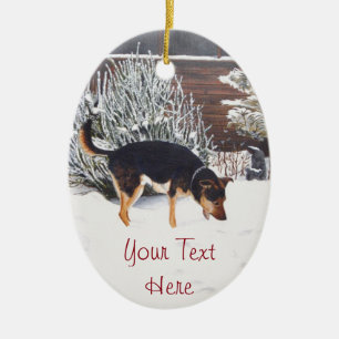 Décoration En Céramique Scène de neige d'hiver avec le chien noir et