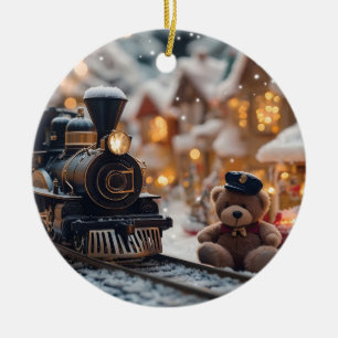 Décoration En Céramique Scène de train de Noël magique avec ours en peluch