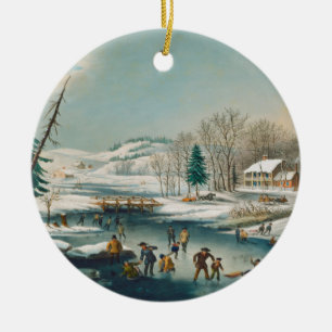 Décoration En Céramique Scène d'hiver vintage Patinage sur glace Noël