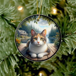 Décoration En Céramique Scène rustique avec un chat calicot charmant