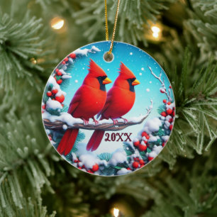 Décoration En Céramique Scène traditionnelle d'hiver cardinal rouge 2024 s