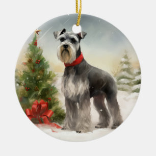 Décoration En Céramique Schnauzer Chien à Noël de neige