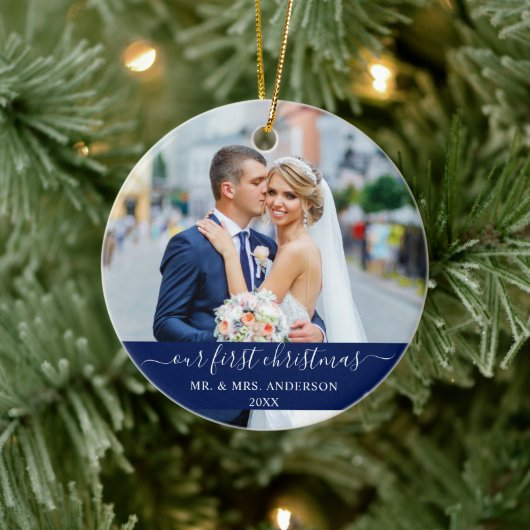 Décoration En Céramique Script élégant Notre premier bleu de Noël (Arbre)