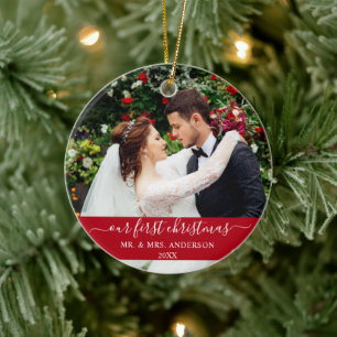 Décoration En Céramique Script élégant Notre premier Noël Rouge