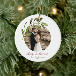Décoration En Céramique Script & Mistletoe Joyeux & Photo Marié