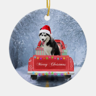 Décoration En Céramique Siberian Husky Dog in Snow sitting Christmas Truck