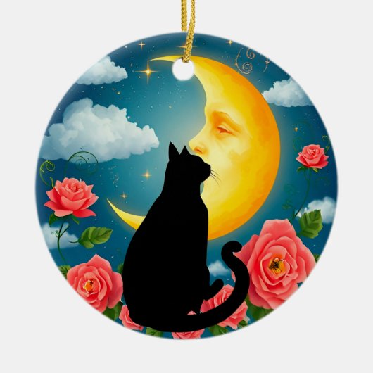 Décoration En Céramique Silhouette de chat assis devant la lune (Devant)
