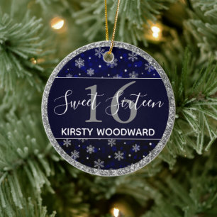 Décoration En Céramique Silver Foil Snowflakes & blue bokeh Sweet 16