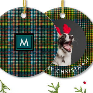 Décoration En Céramique Simple Monogramme Photo Tartan à Carreaux Vert Cla