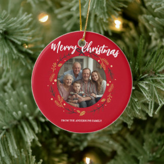Décoration En Céramique Simple red Christmas Wreath Photo Family name