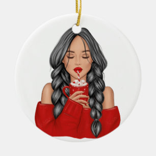 Décoration En Céramique Sipping Hot Chocoatolate en hiver dans le Sweat Ro