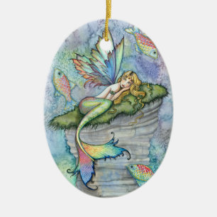Décoration En Céramique Sirène colorée et poisson carpe, art fantastique